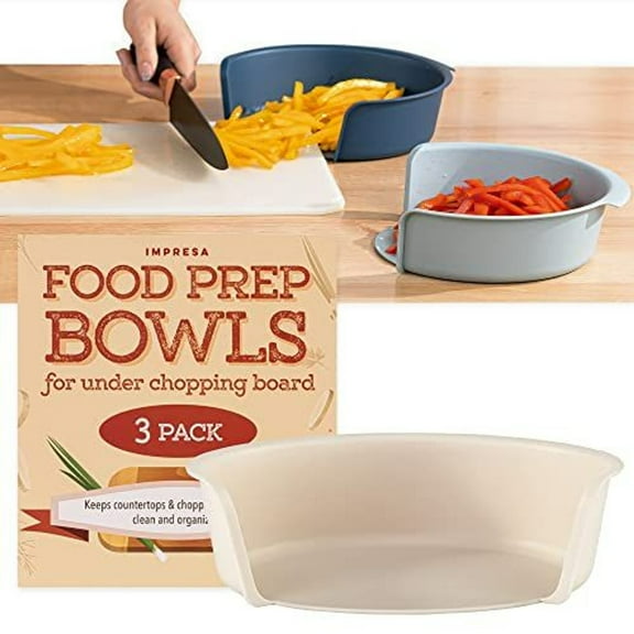 IMPRESA Food Prep Bowls for Cutting Board - 3-Pack Large Multicolor Polypropylene - Slide Under Chopping Board, Stackable with Handles - For Meal Prep & Organization