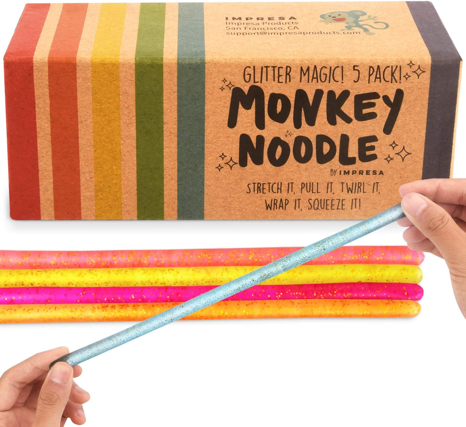 IMPRESA 5-Pack Glitter Monkey Noodle Stretchy String Fidget / Sensory Toys (BPA/Phthalate/Latex-Free) - Stretches from 10 Inches to 8 Feet! - image 1 of 6