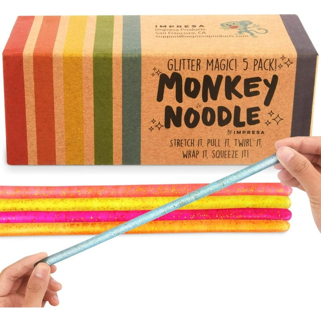 IMPRESA 5-Pack Glitter Monkey Noodle Stretchy String Fidget / Sensory Toys (BPA/Phthalate/Latex-Free) - Stretches from 10 Inches to 8 Feet!