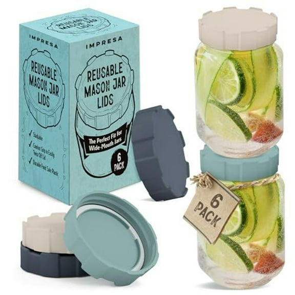 IMPRESA 6-Pack Plastic Wide Mouth Jar Lids - 3 Colors Airtight Seal & Leak-Proof Kitchen Storage - Stackable Design for Canning Supplies - Ergonomic Grip & Silicone Lid