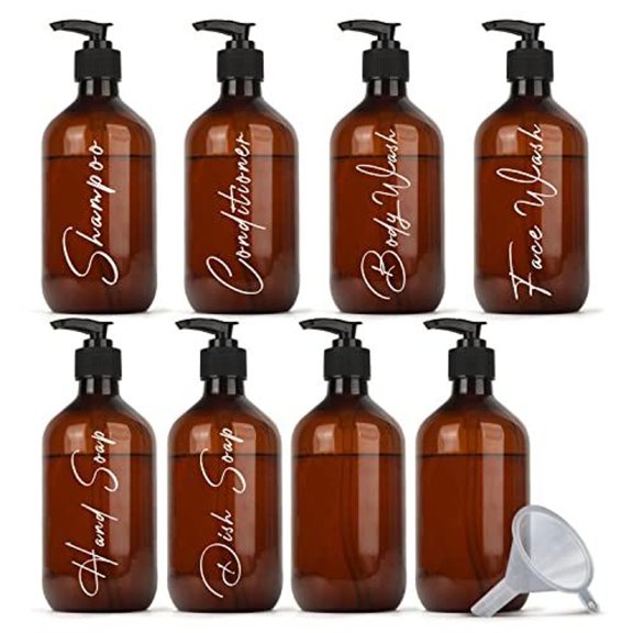 IMPRESA Amber Plastic Soap Dispenser Bottles - Pre-Labeled Refillable Amber Containers - Spill-Proof Plastic Soap Dispenser with Pump - Shower Bottles for Body Wash & Face Wash - Pack of 8, 16 Fl Oz