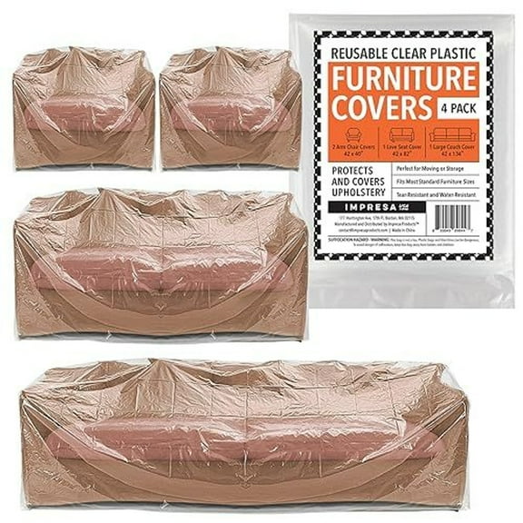 Impresa Plastic Furniture Covers - Pack of 4, 2 Mil, Clear Tear-Resistant Design & Moving Supplies - Dust & Moisture Barrier & Furniture Covers for Storage