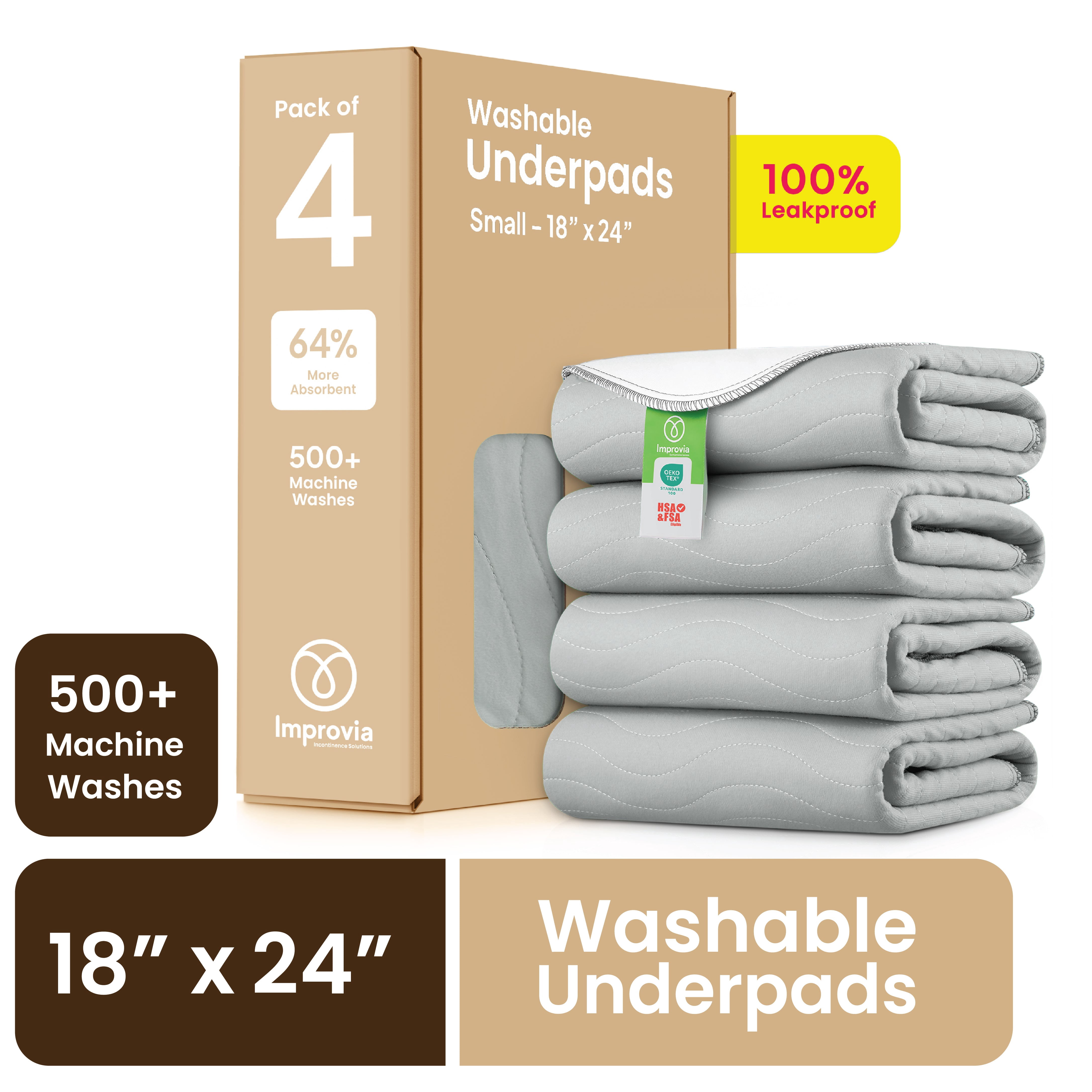 Improvia Washable Bed Pads for Incontinence, Waterproof Reusable, 18 x 24 in, 4-Pack (Gray & White)