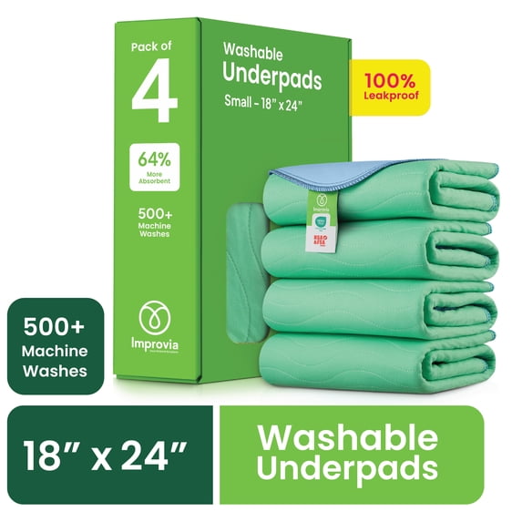 Improvia Washable Bed Pads for Incontinence, Waterproof Reusable, 18 x 24 in, 4-Pack (Green & Blue)
