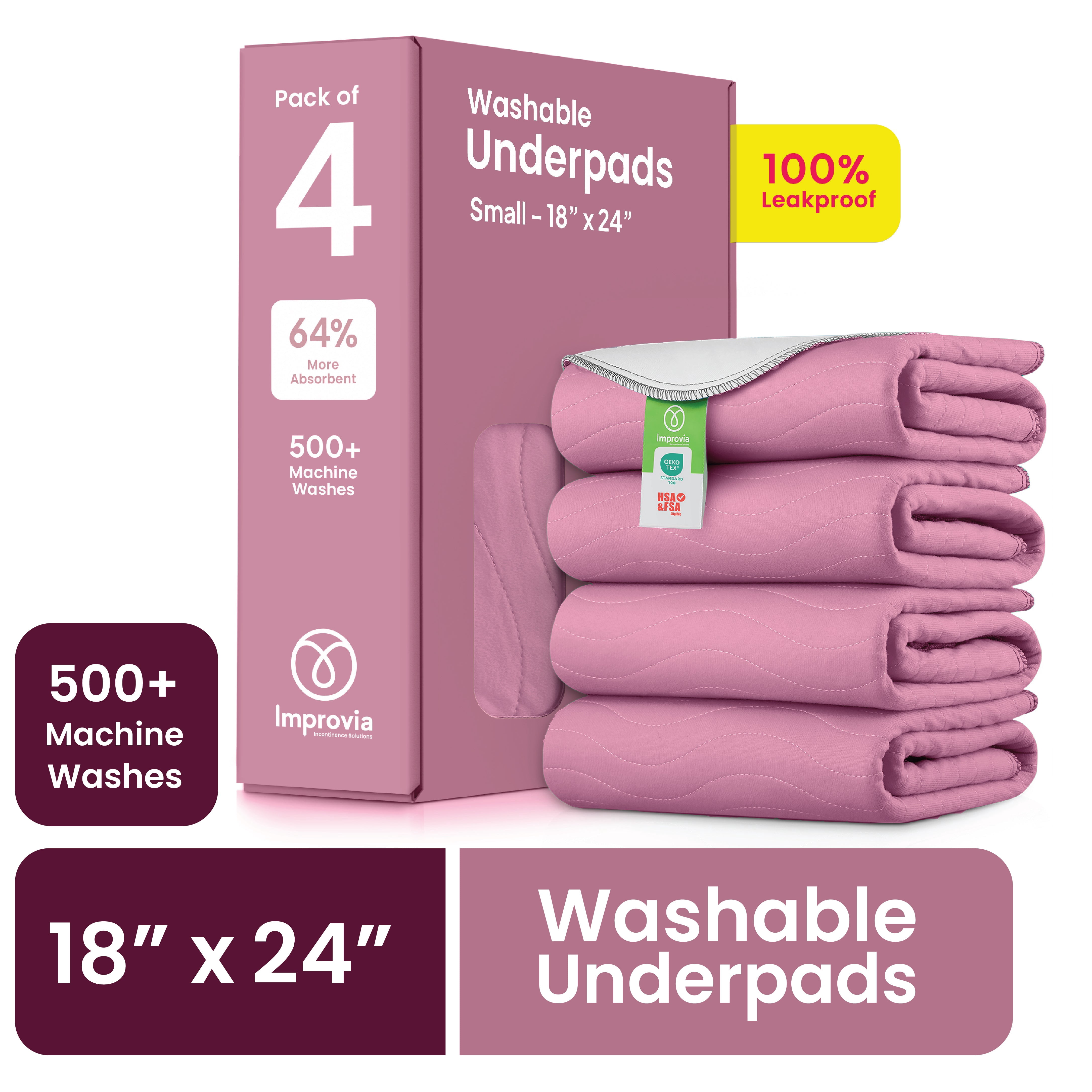 Improvia Washable Bed Pads for Incontinence, Waterproof Reusable, 18 x 24 in, 4-Pack (Pink & White)