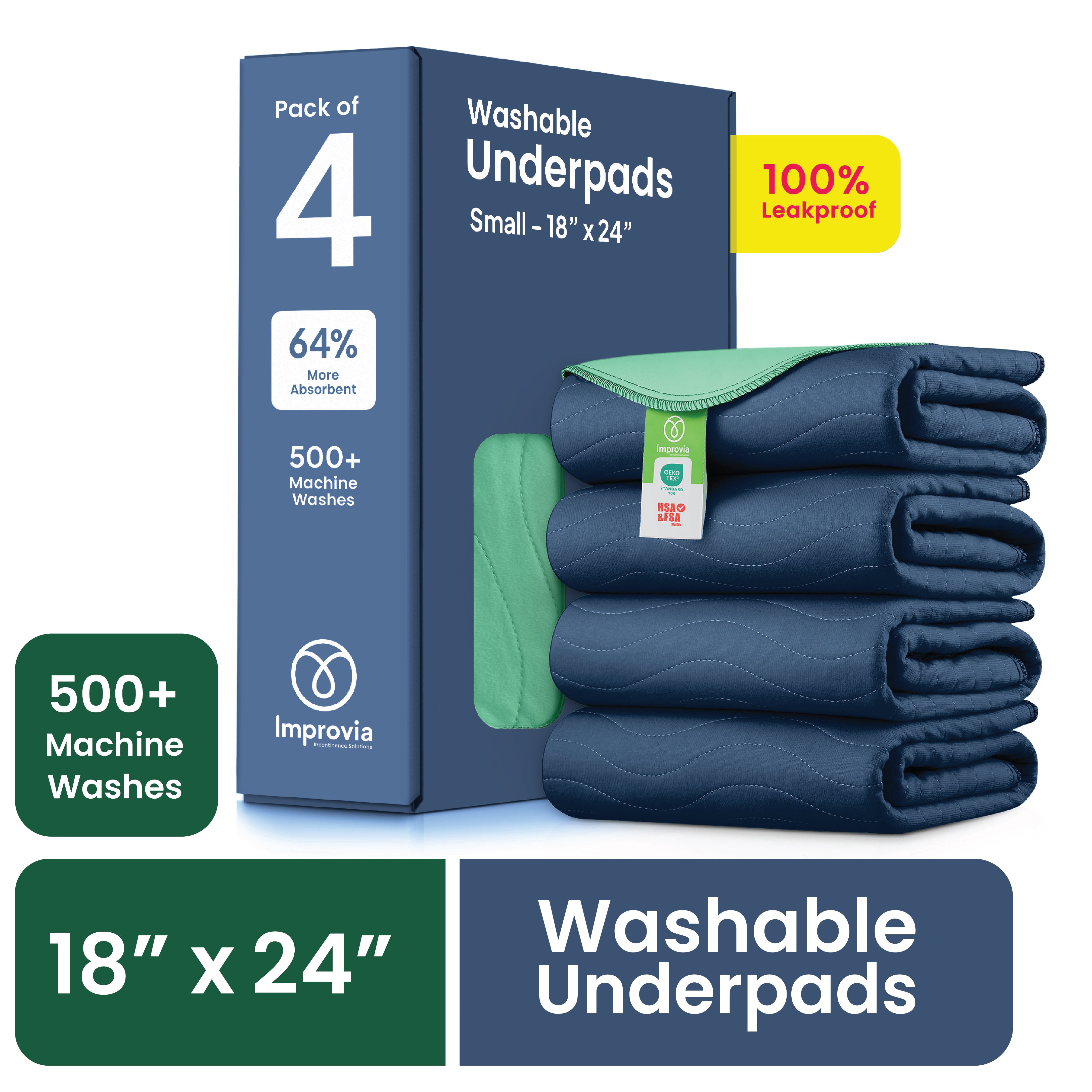 Improvia Washable Bed Pads for Incontinence, Waterproof Reusable, 18 x 24 in, 4-Pack (Navy & Green)