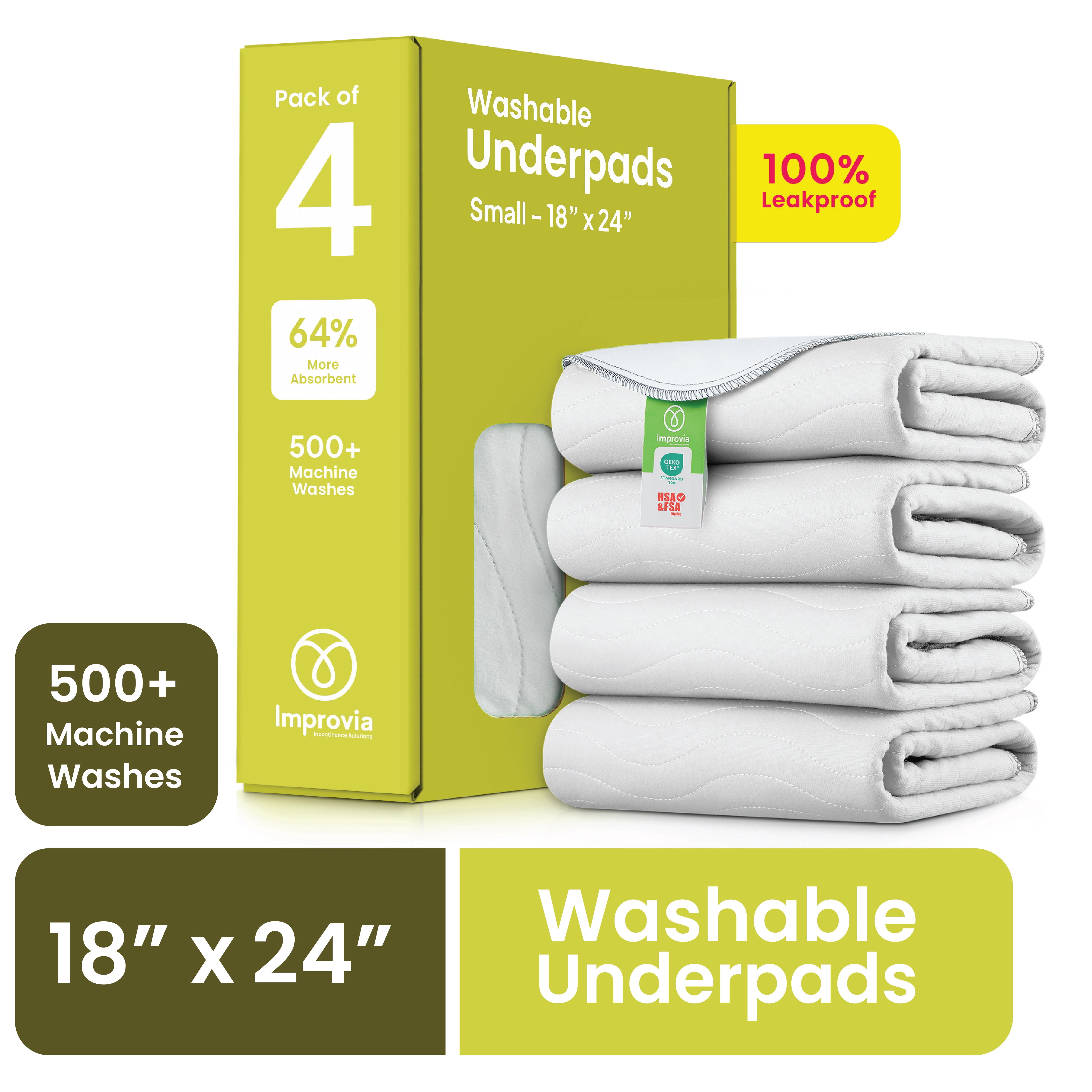 Improvia Washable Bed Pads for Incontinence, Waterproof Reusable, 18 x 24 in, 4-Pack (White & White)