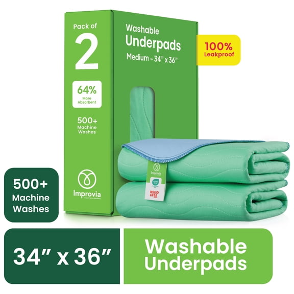 Improvia Washable Bed Pads for Incontinence, Waterproof Reusable, 34 x 36 in, 2-Pack (Green & Blue)