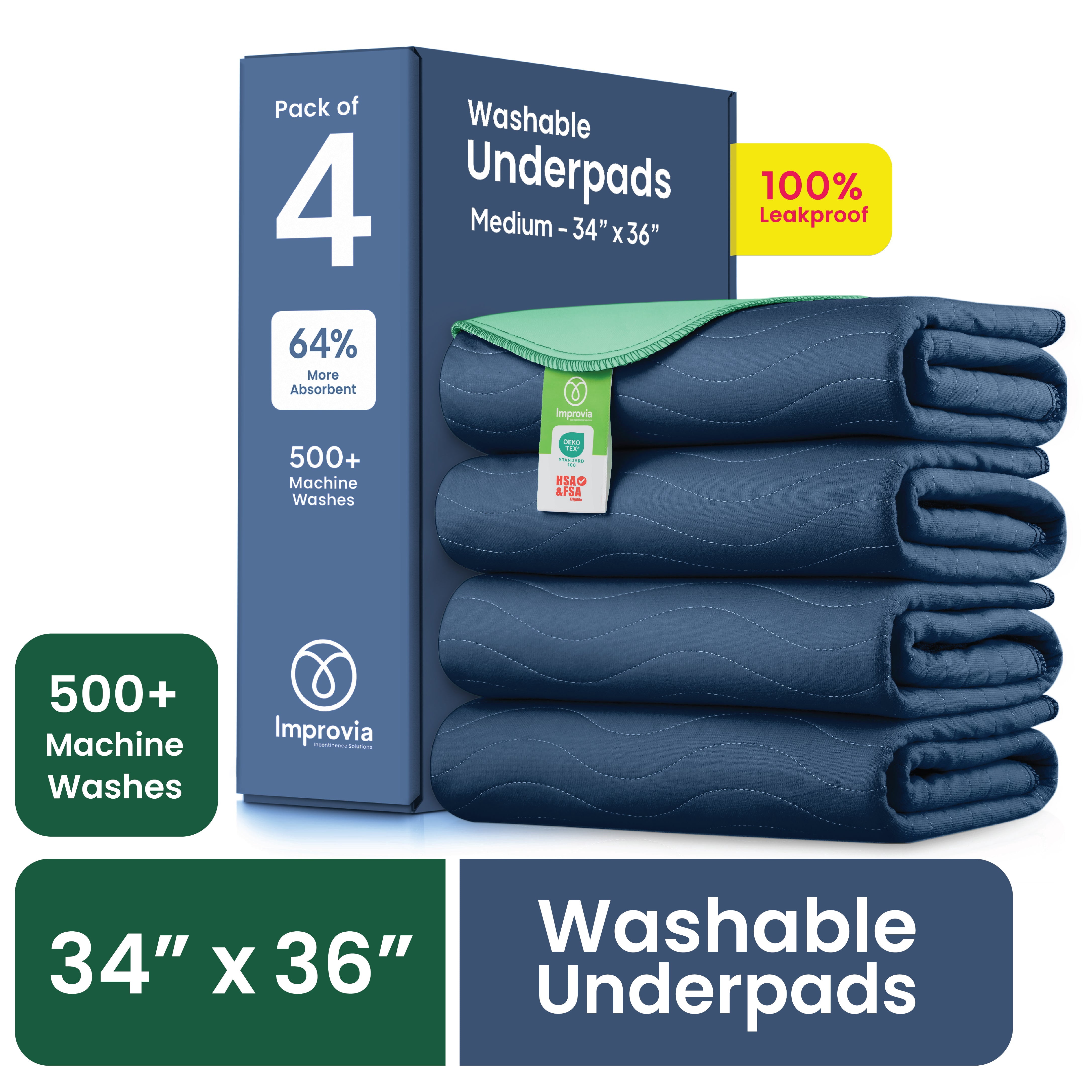 Improvia Washable Bed Pads for Incontinence, Waterproof Reusable, 34 x 36 in, 4-Pack (Navy & Green)