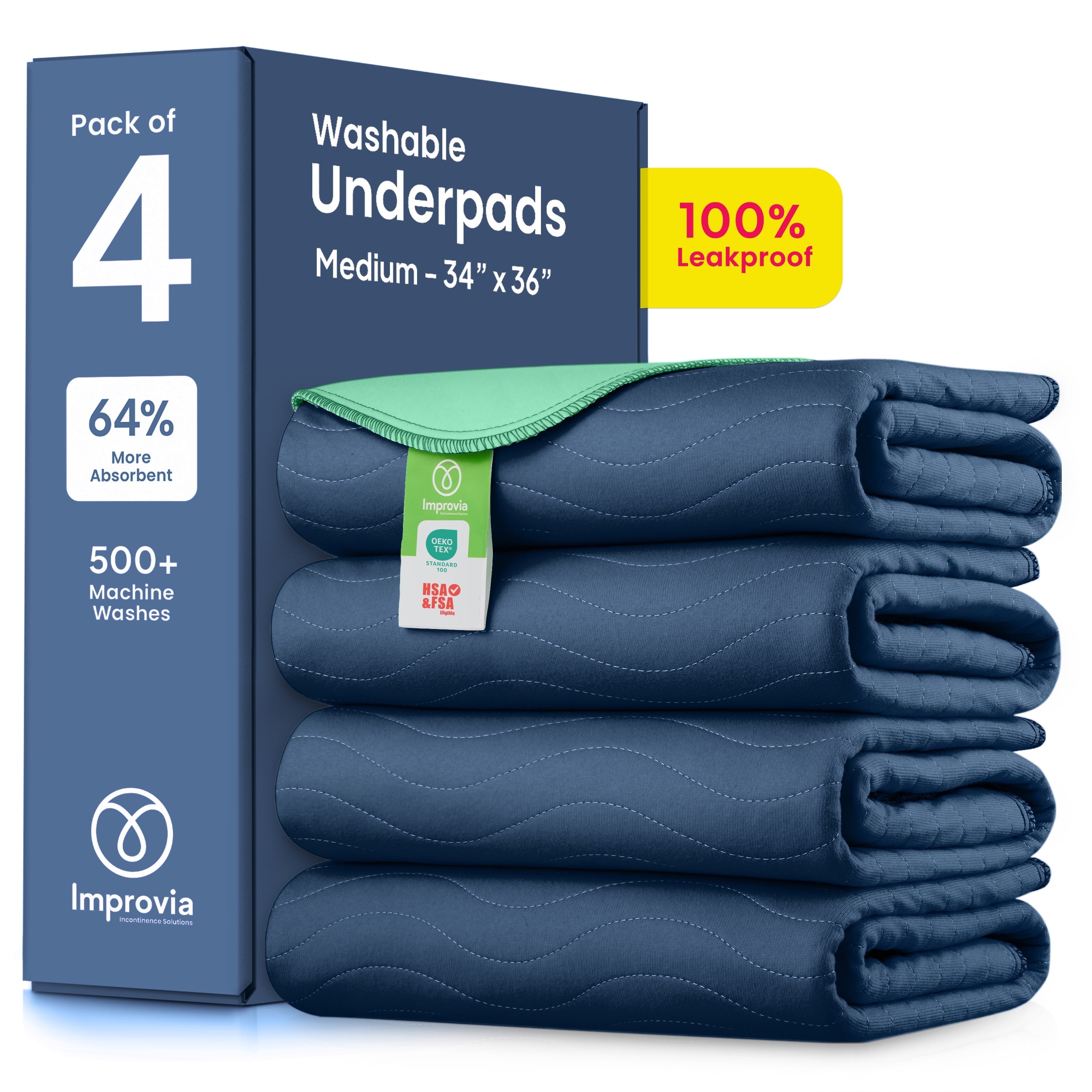 IMPROVIA Washable Bed Pads Heavy Absorbency Reusable Incontinence Pads, 34" x 36 4-Pack ( Navy & Green)