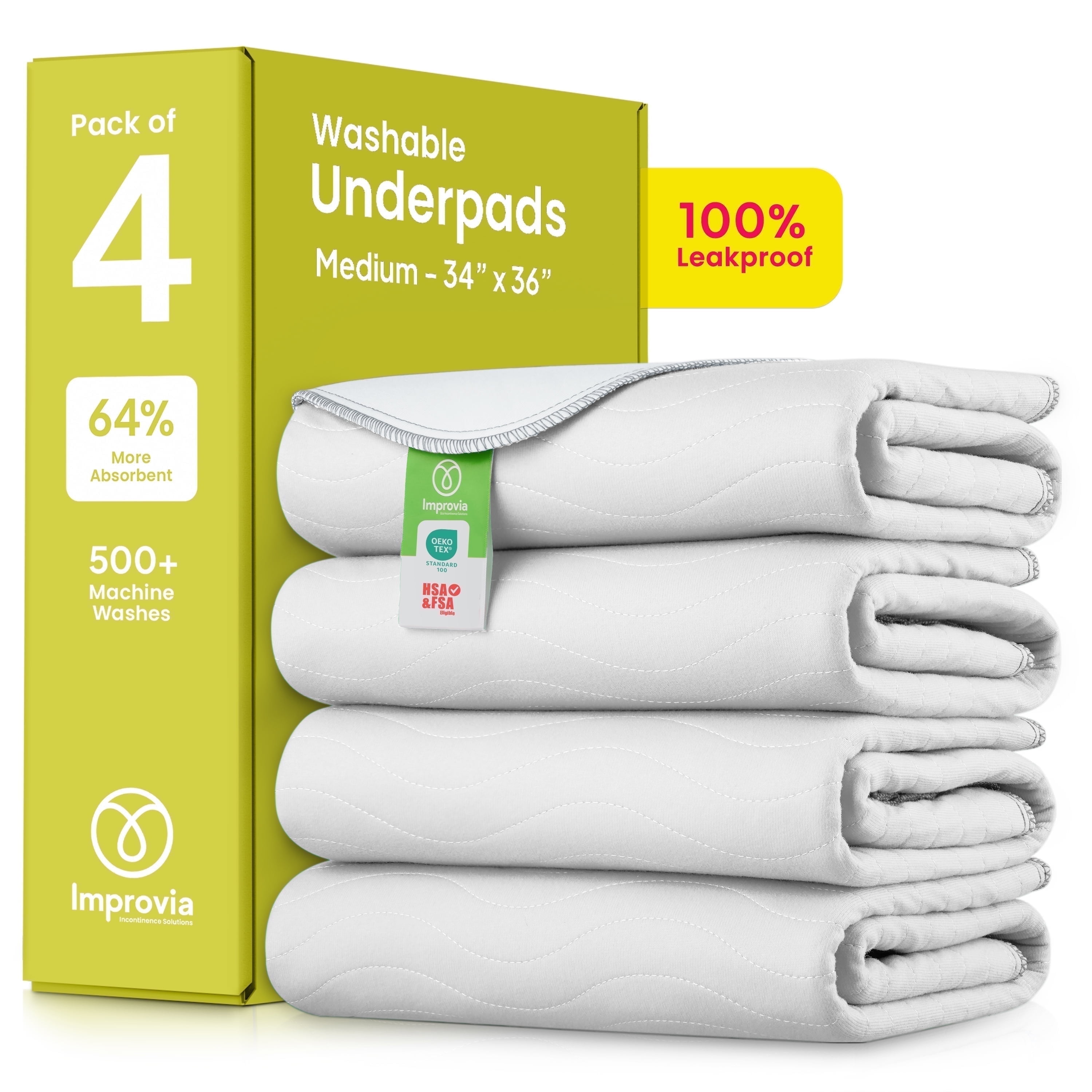 IMPROVIA Washable Bed Pads Heavy Absorbency Reusable Incontinence Pads, 34" x 36 4-Pack (white & white)