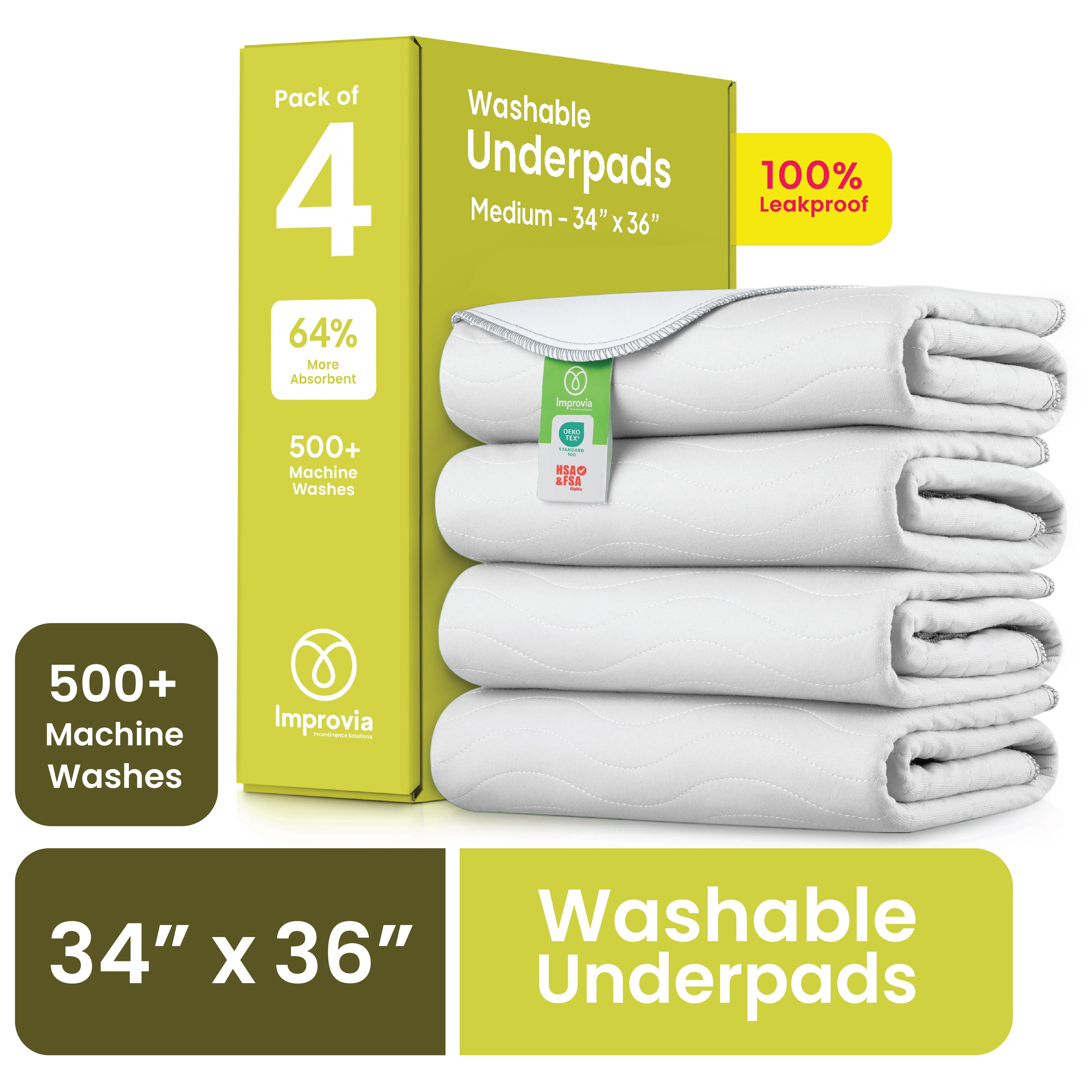 Improvia Washable Bed Pads for Incontinence, Waterproof Reusable, 34 x 36 in, 4-Pack (White & White)