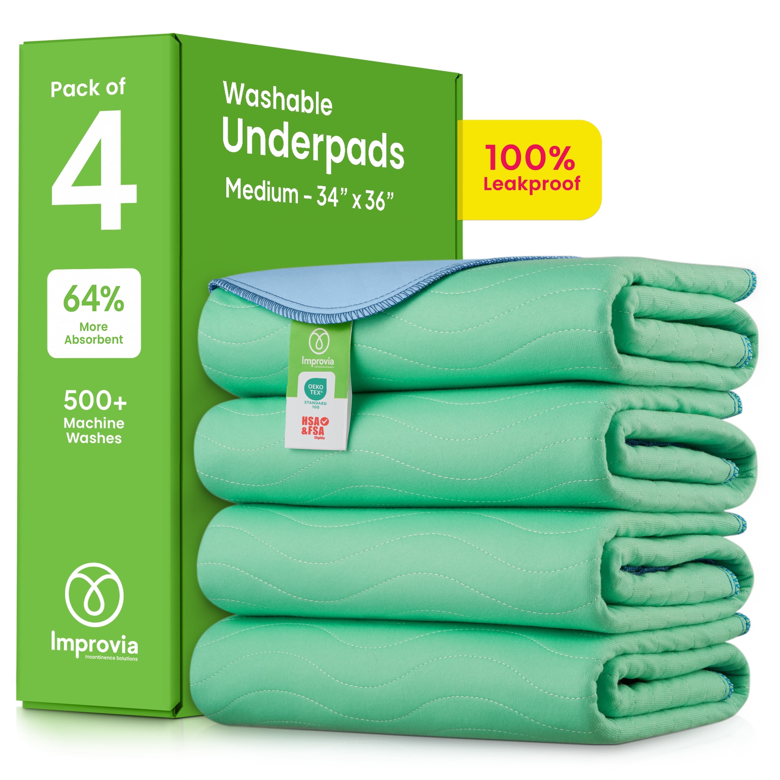 Improvia Blue Heavy Absorbency Reusable Bed Pads, 34" x 36", 4-Pack