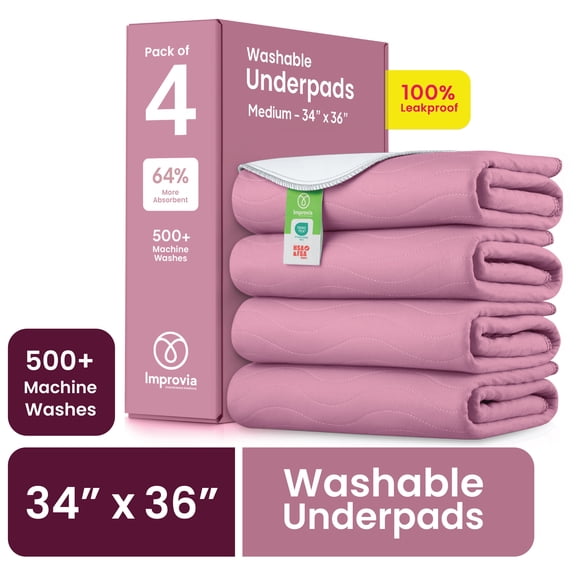 Improvia Washable Bed Pads for Incontinence, Waterproof Reusable, 18 x 24 in, 4-Pack (Pink & White)