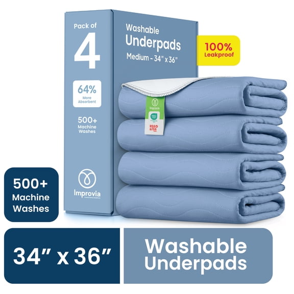 Improvia Washable & Waterproof Underpads for Incontinence, 34 x 36 in, 4 Pack (Blue & White)