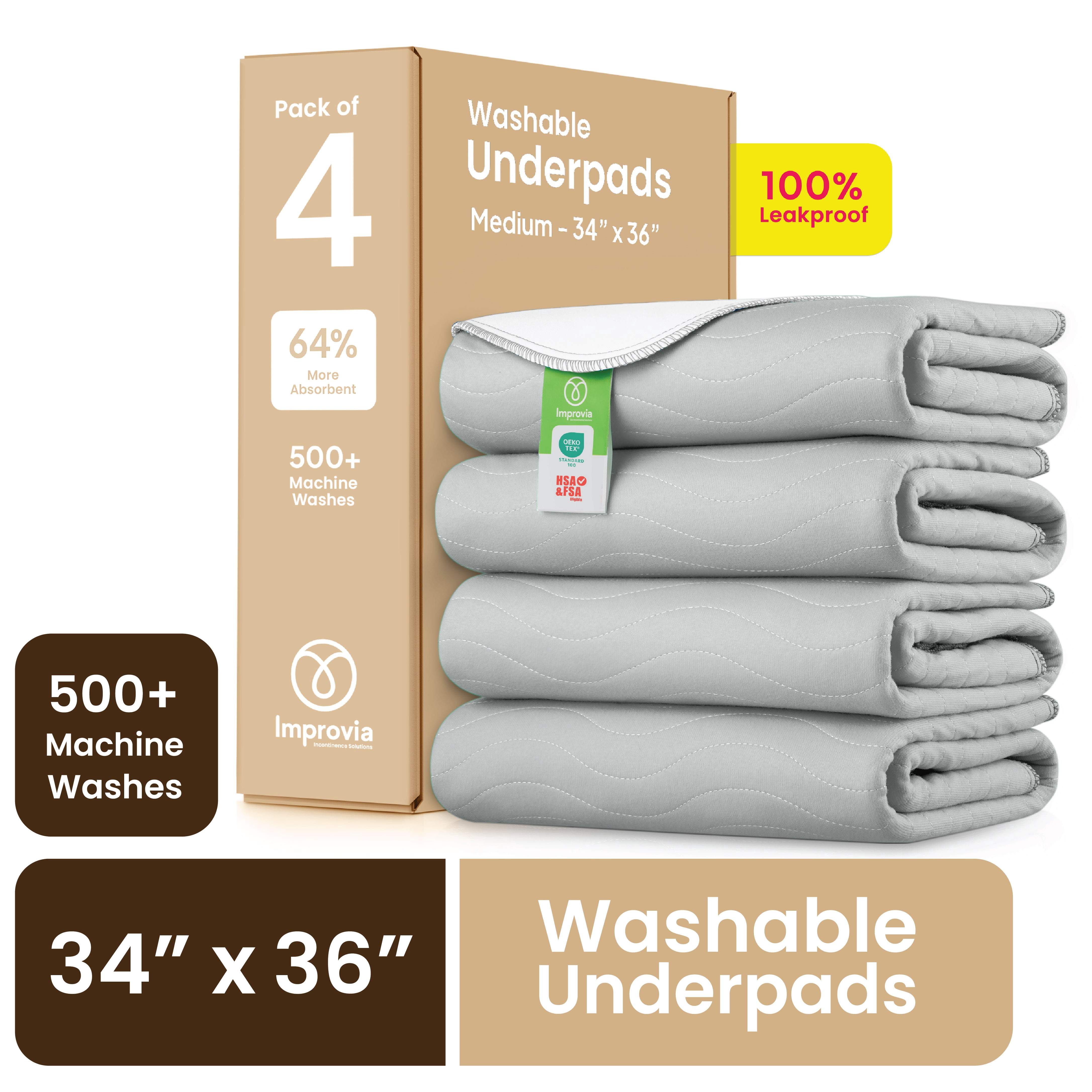 Improvia Washable Bed Pads for Incontinence, Waterproof Reusable, 34 x 36 in, 4-Pack (Gray & White)