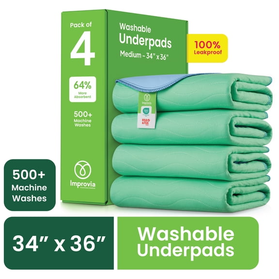 Improvia Washable Bed Pads for Incontinence, Waterproof Reusable, 34 x 36 in, 4-Pack (Green & Blue)
