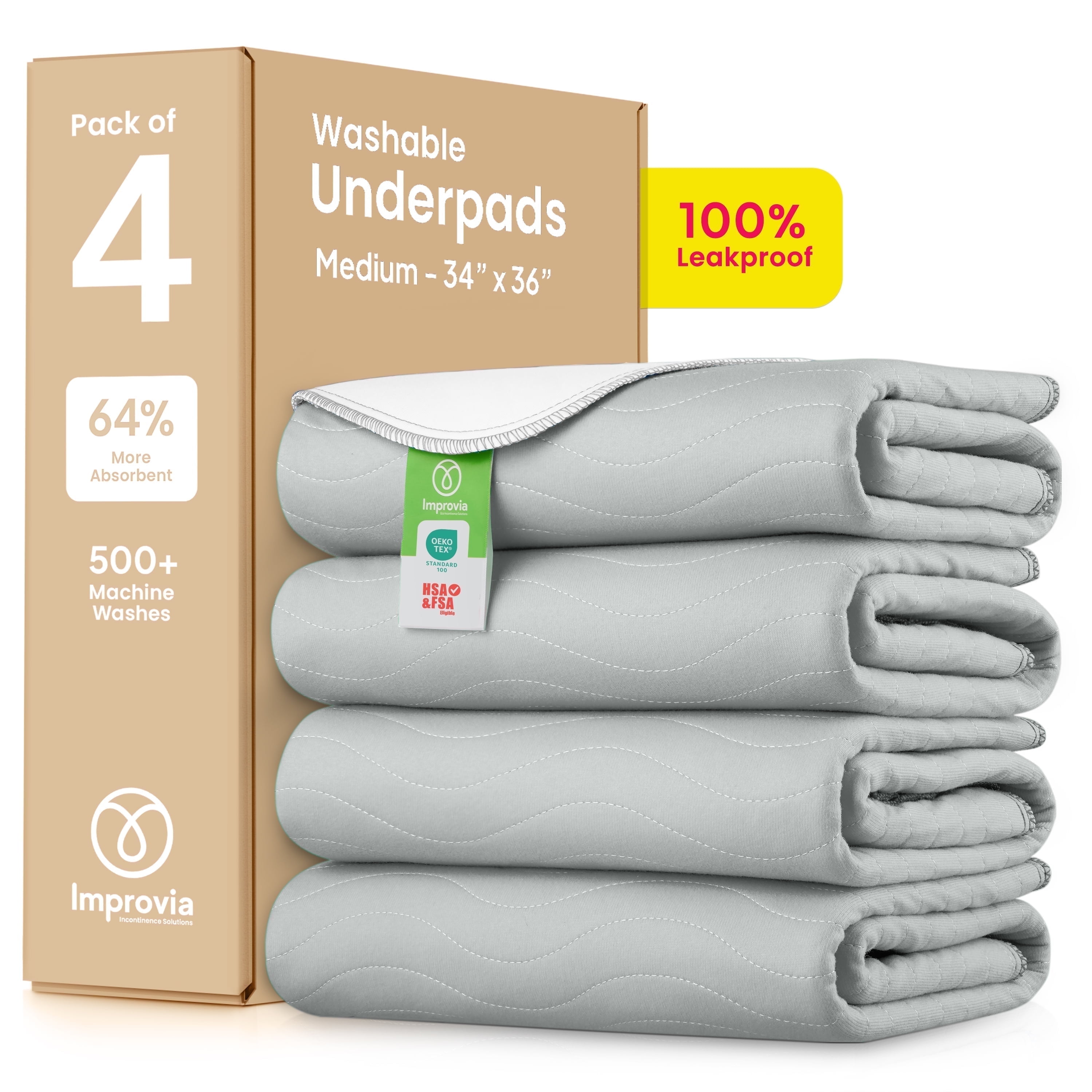 IMPROVIA Washable Bed Pads Heavy Absorbency Reusable Incontinence Pads, 34" x 36 4-Pack