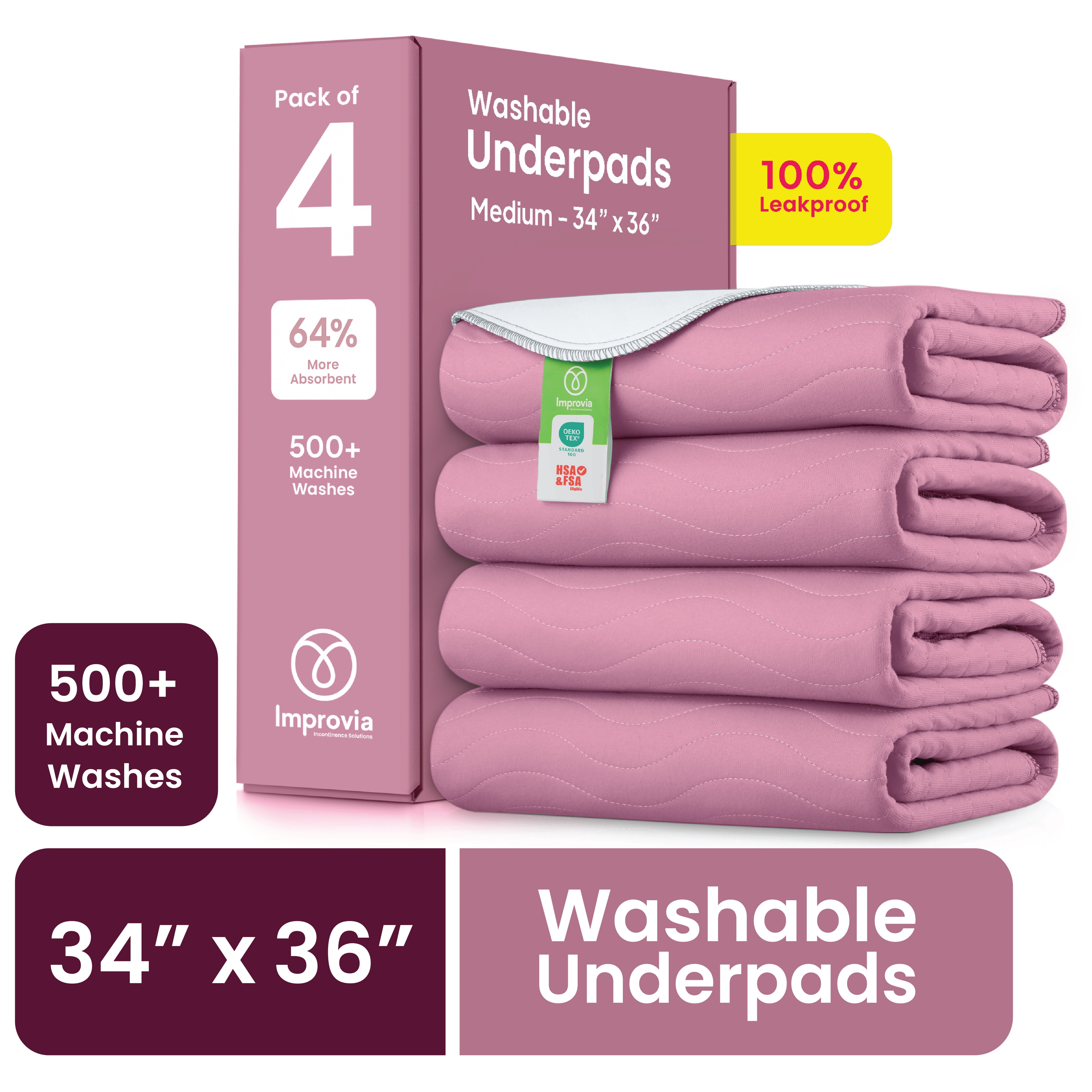 Improvia Washable Bed Pads for Incontinence, Waterproof Reusable, 18 x 24 in, 4-Pack (Pink & White)