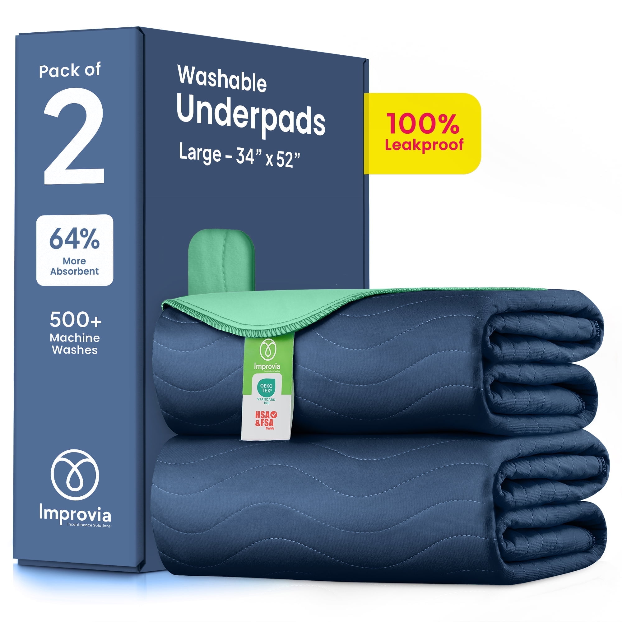 IMPROVIA Washable Bed Pads Heavy Absorbency Reusable Incontinence Pads, 34" x 52 2-Pack