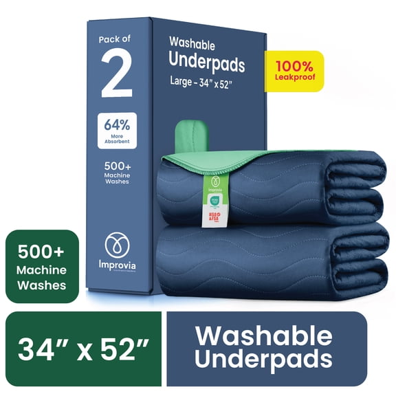 Improvia Washable Bed Pads for Incontinence, Waterproof Reusable, 34 x 52 in, 2-Pack (Navy & Green)