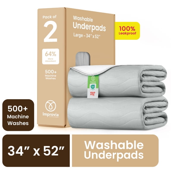 Improvia Washable Bed Pads for Incontinence, Waterproof Reusable, 34 x 52 in, 2-Pack (Gray & White)
