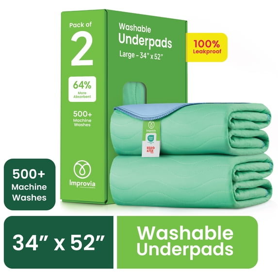 Improvia Washable Bed Pads for Incontinence, Waterproof Reusable, 34 x 52 in, 2-Pack (Green & Blue)
