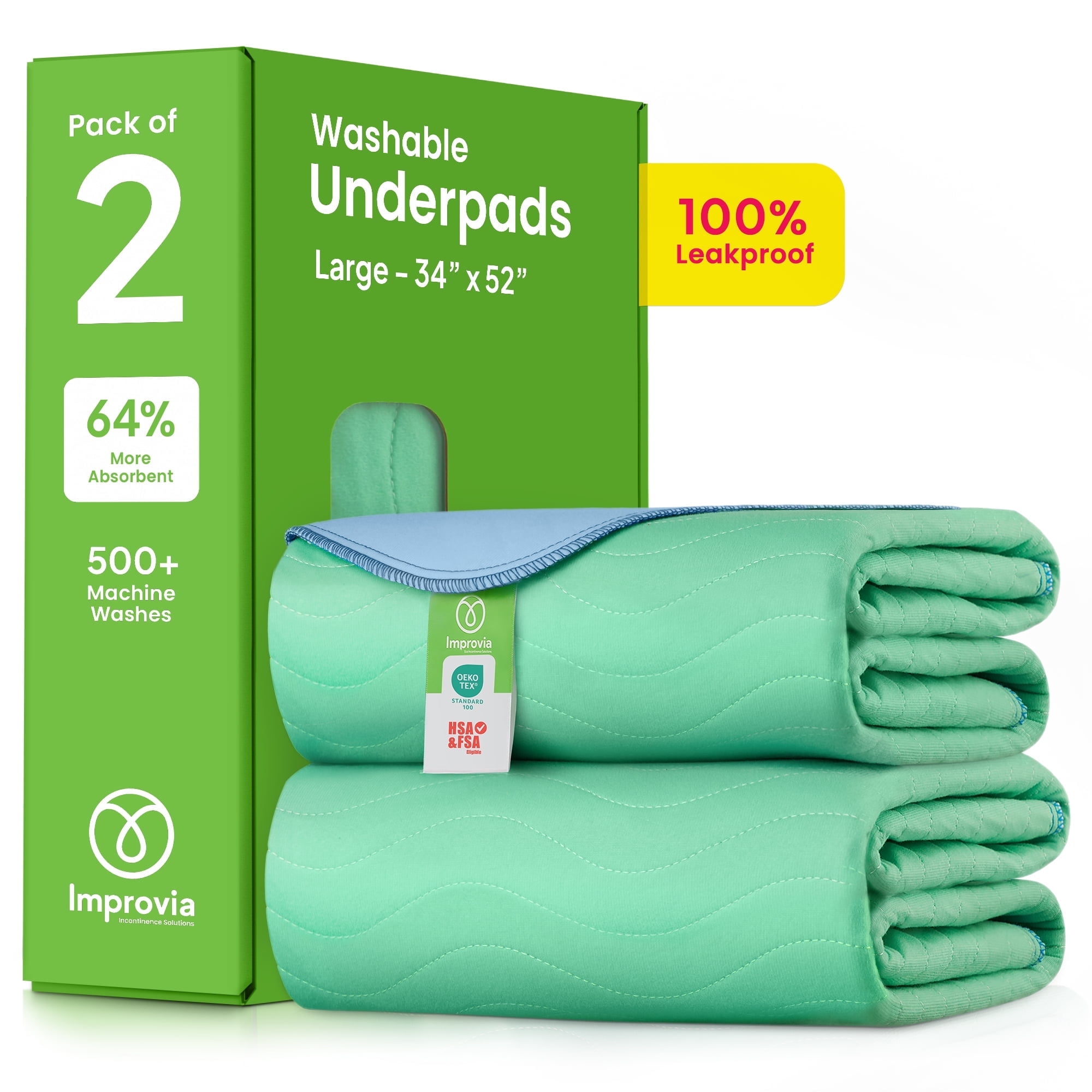 Large Blue Polyester Reusable Incontinence Bed Pads, 2 Pack