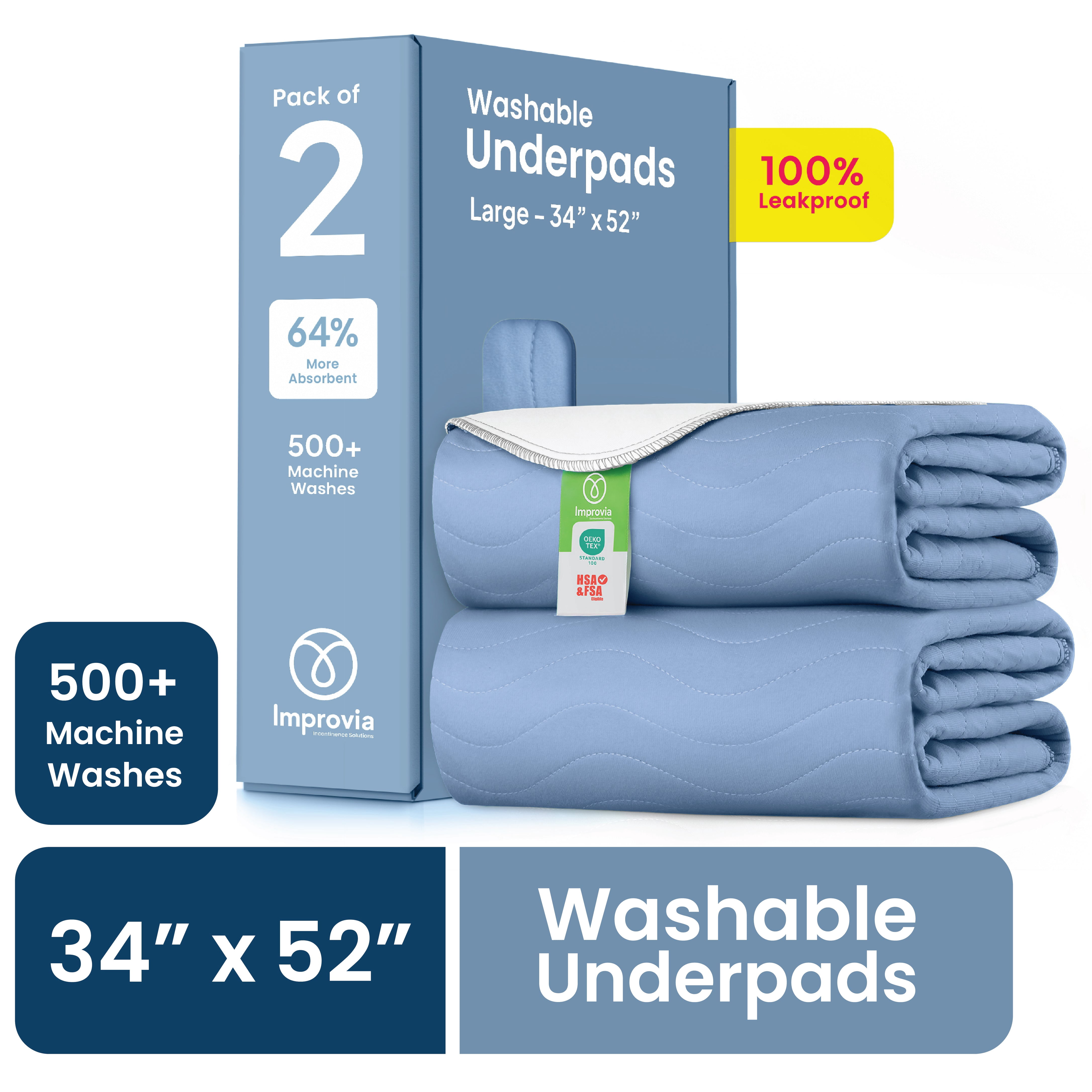Improvia Washable Bed Pads for Incontinence, Waterproof Reusable, 34 x 52 in, 2-Pack (Blue & White)