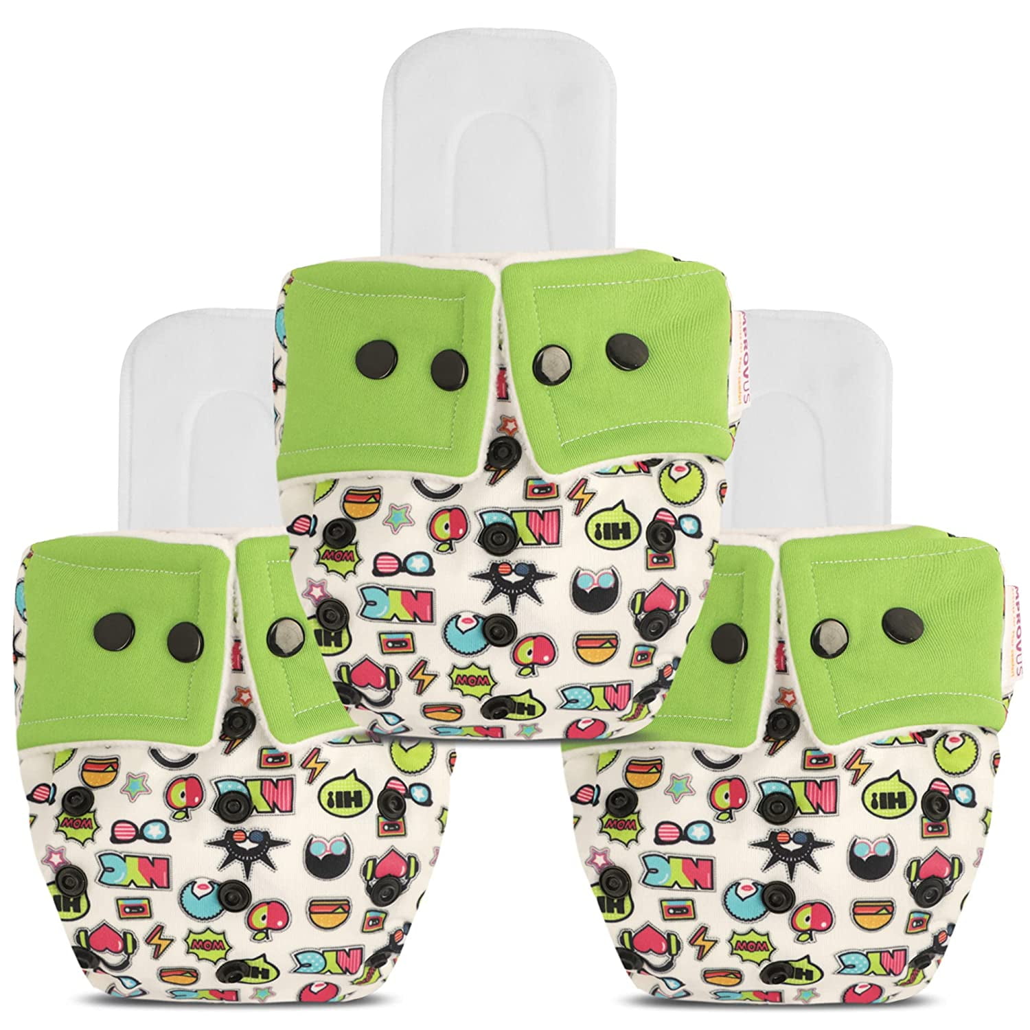 IMPROVUS 100% Cloth Diapers for Babies (0-3 Years), Reusable, Washable & Adjustable Nappies Snap Buttons and Wet-Free Insert Pads (Green pack of 3 cloth diaper and 3 insert pads)