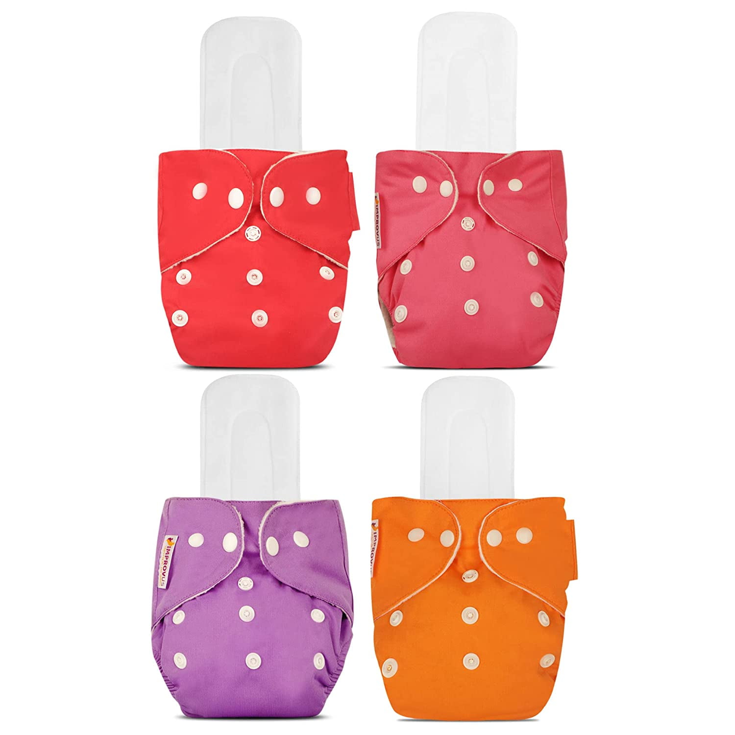 IMPROVUS 100% Cloth Diapers for Babies (0-3 Years), Reusable, Washable & Adjustable Nappies Snap Buttons and Wet-Free Insert Pads (Multicolor pack of 4 cloth diaper and 4 insert pads)