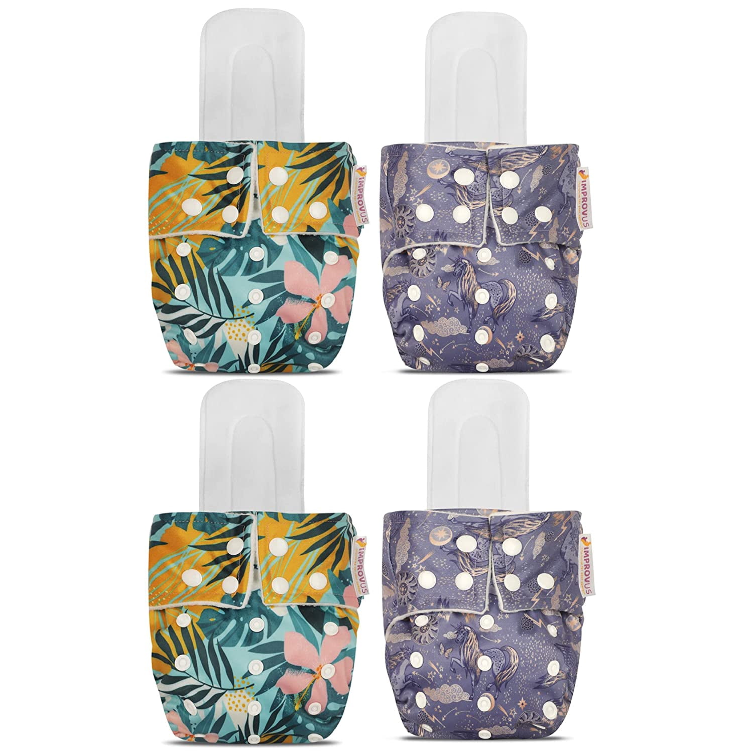 IMPROVUS 100% Cloth Diapers for Babies (0-3 Years), Reusable, Washable & Adjustable Nappies Snap Buttons and Wet-Free Insert Pads (Multicolor1 MC pack of 4 cloth diaper and 2 insert pads)