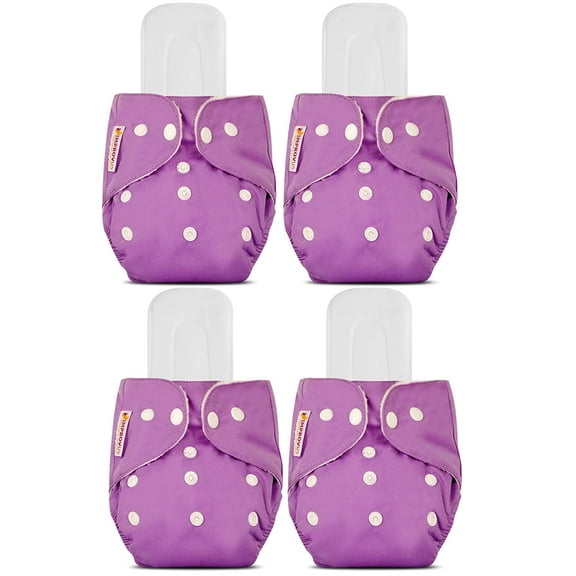 IMPROVUS 100% Cloth Diapers for Babies (0-3 Years), Reusable, Washable & Adjustable Nappies Snap Buttons and Wet-Free Insert Pads (Purple with White Dot pack of 4 cloth diaper and 4 insert pads)