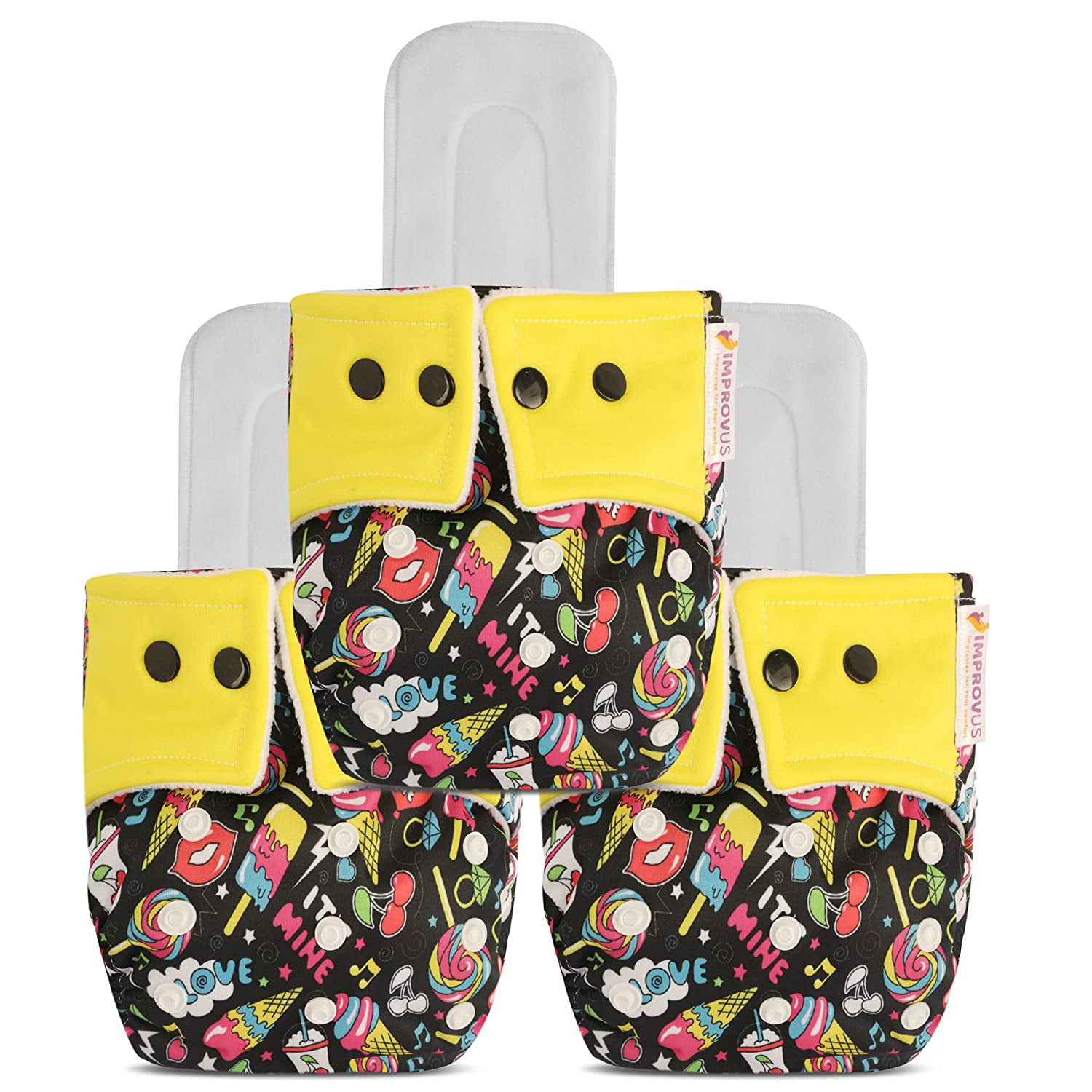 IMPROVUS 100% Cloth Diapers for Babies (0-3 Years), Reusable, Washable & Adjustable Nappies Snap Buttons and Wet-Free Insert Pads (Yellow & Mixture color pack of 3 cloth diaper and 3 insert pads)
