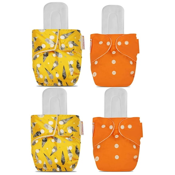 IMPROVUS 100% Cloth Diapers for Babies (0-3 Years), Reusable, Washable & Adjustable Nappies Snap Buttons and Wet-Free Insert Pads (Yellow & Orange MC pack of 4 cloth diaper and 2 insert pads)