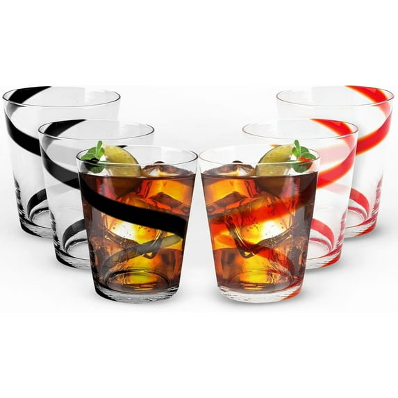 IMPULSE! Crazy Colored Swirl Drinking Glass Cups, Set of 6 (3 Red & 3 Black, Rocks) - Transparent, 12oz Capacity - Colored Drinking Glasses Made of Glass, Cocktail Glassware for Whiskey