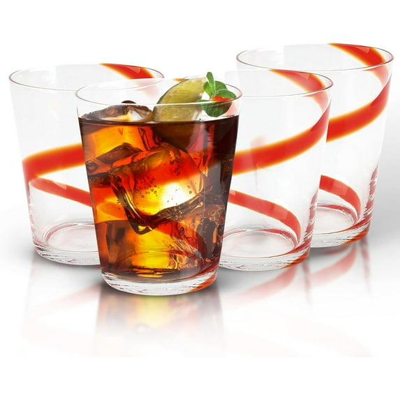 IMPULSE! Crazy Colored Swirl Drinking Glasses, Set of 4 (Red, Rocks) | Old Fashioned, Cocktail Glassware | Whiskey, Scotch, Bourbon & Mixed Cocktails