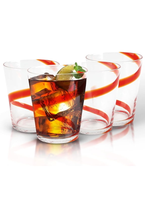 Crazy Colored Swirl Drinking Glasses, Set of 4 (Red, Rocks) | Old Fashioned, Cocktail Glassware | Whiskey, Scotch, Bourbon & Mixed Cocktails