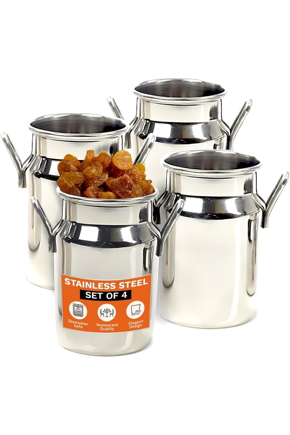 Heidi Medium Mini Stainless Steel Milk Pail, Snack Jar Set - Bundle Includes 4 Containers - Perfect for Milk, Cream, Sauces, Condiments, Nuts, Pickles, and Dips - Stainless Steel Cans