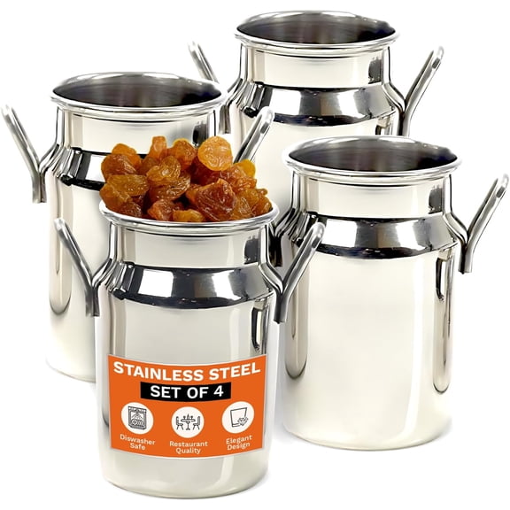 IMPULSE! Heidi Medium Mini Stainless Steel Milk Pail, Snack Jar Set - Bundle Includes 4 Containers - Perfect for Milk, Cream, Sauces, Condiments, Nuts, Pickles, and Dips - Stainless Steel Cans