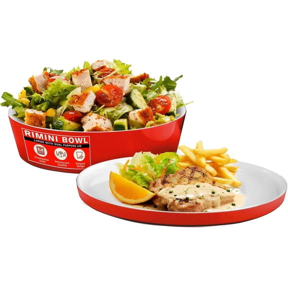 IMPULSE! Rimini Large Red Melamine Bowl – Bright & Stylish with Lid That Doubles as Plate | Great for Salads, Sides, Snacks, Dips & More | Perfect for Outdoor, Home & Commercial Use