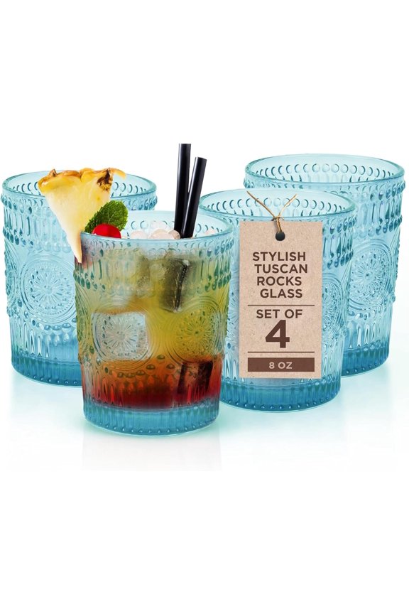 Tuscan Rocks Glass Set - Dishwasher Safe, Chic Vintage Style - Ideal for Gin, Mixed Cocktails, Bourbon, Margaritas, Soft Drinks, Beer, Water - Mexican Style Glasses