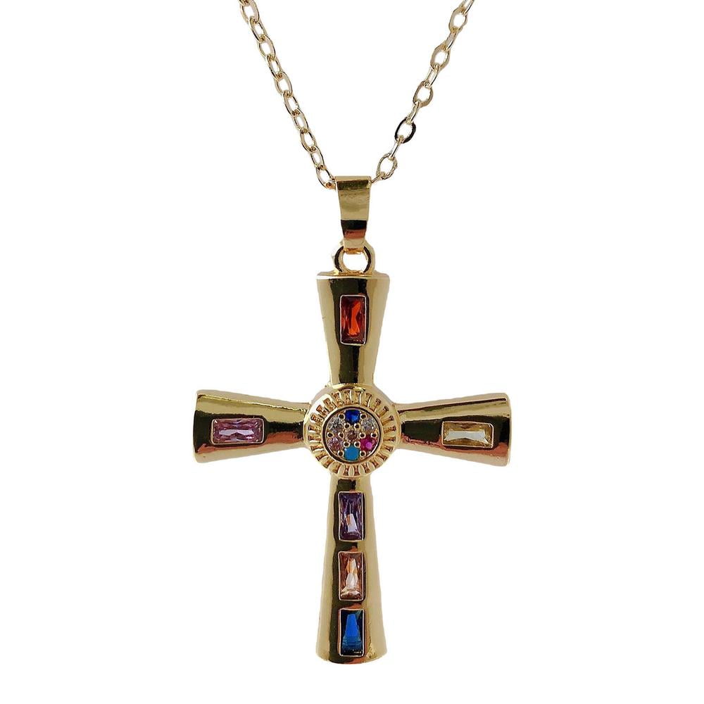 Gold Plated Cross Necklace for Men Christian Baptism Fainth Pendant with  316L Stianless Steel Box Chain 22