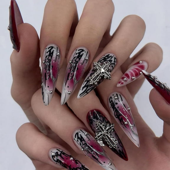 IMSOHOT Stiletto Press on Nails Long Gothic Fake Nails Black Red Ombre Glossy False Nails with Metal Cross Charms Designs Full Cover Glue on Nails 24PCS Acrylic Reusable Almond Nails