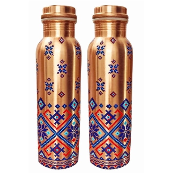 IMTRA FASHION Copper Water Bottle 32 OZ/950 M Pack of 2 Leak Proof Pure Copper Vessel Drink Flask Bottles Color Engraving Work