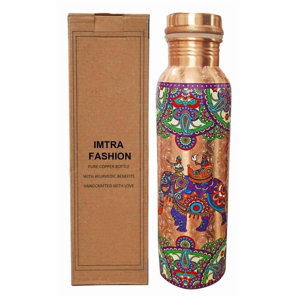 IMTRA FASHION Copper Water Bottle 32 OZ/950 ML Color Engraving Work Drinking Flask Ayurvedic Leakproof Bottle for Sports, Yoga