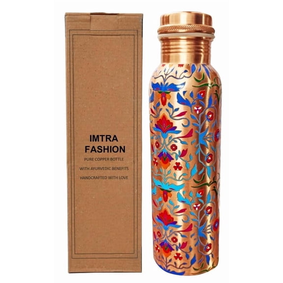 IMTRA FASHION Copper Water Bottle 32 OZ/950 ML Drinking Flask Floral Color Engraving Work Ayurvedic Leakproof Bottle for Sports, Yoga
