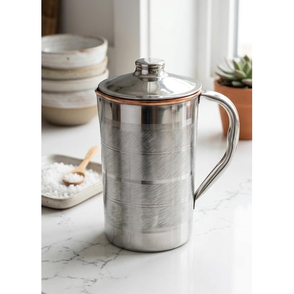 IMTRA FASHION Copper and Stainless Steel Pitcher 1500 ML/50.7 Fl Oz Silver Touch Water Jug With Lid for Drinking Ayurveda Health Benefits
