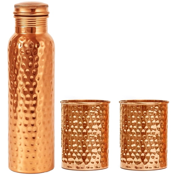 IMTRA FASHION Diamond Cut Copper Water Bottle Set Indian 32 Oz/950 ml  Leak Proof Copper Bottle Glass Set with 2 Tumblers