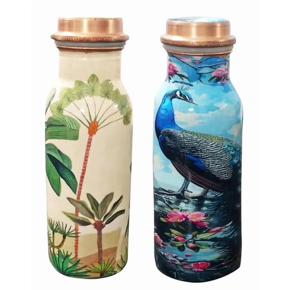 IMTRA FASHION Peacock Copper Water Bottle for Drinking 17 OZ/500 ML Meenakari Small Flask Leakproof Bottle for Sports & Yoga